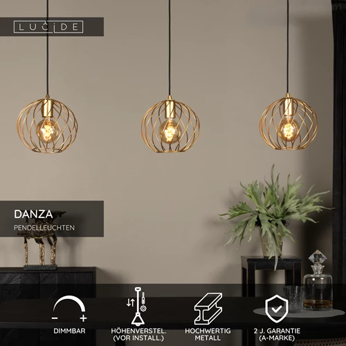 Lucide DANZA - Pendelleuchten - 3xE27 - Mattes Gold / Messing - USP